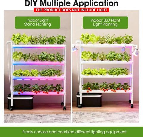Space Saving Vertical Garden Tower With Wheels, 108 Plant Sites Aquaponics Kit For Indoor Outdoor Growing image showing indoor use with plants on four tiers