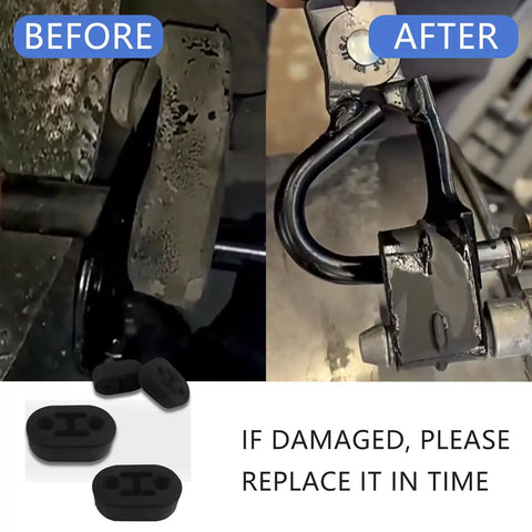 Comparison of worn exhaust hanger and new system with Four Piece Exhaust Hanger Rubber Kit With Universal Polyurethane Insulators For Muffler Mounts, Two Hole Bushings, Vibration Damping And Noise Reduction, Built For A Tough Universal Fit On Cars And Trucks.