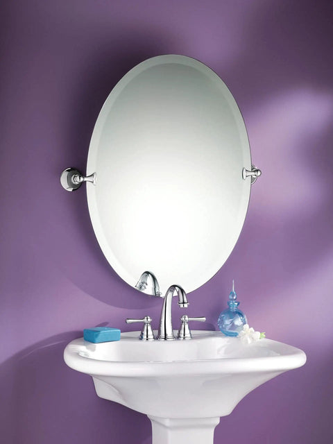 Dope Chrome Frameless Pivoting Bathroom Mirror 26 By 22 Inches Wall Mounted Oval Tilting Vanity Bath Mirror above sink