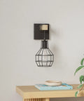Dope Industrial Rustic Wall Sconce with Hex Cage Shade, Wood Arm, Black Metal Mount Lamp in Living Room