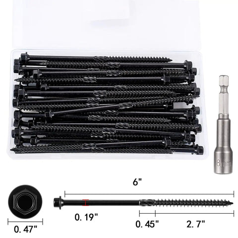 Tough As Nails Heavy Duty Structural Deck Screws Including Fifty Piece Set In Airtight Jar With Hex Bit Featuring Self Drilling Points And Serrated Threads For Quick Easy Buildouts, 6 inch screws.