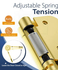 Close-up of gold spring-loaded hinge from 4 Inch Self Closing Door Hinges 2 Pack Spring Loaded with No Fuss Easy Install Stainless Steel Mounting Adjustable Tension For Kitchens Bathrooms Garages Offices Basements Small Interior Doors 5/8 Radius, showing adjustable tension system.