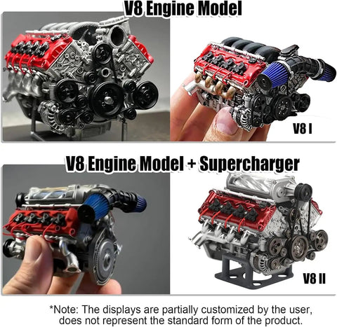 Realistic V8 Engine Model Kit For Adults And RC Gearheads, DIY STEM Engine Build For Desk Display, Premium Micro Motor With Full Bearing, V8 model with supercharger