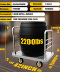 Badass Heavy Duty Platform Truck Cart 42 By 25 Inches with 2200 lbs capacity and foldable handrail, showing a barrel on cart.