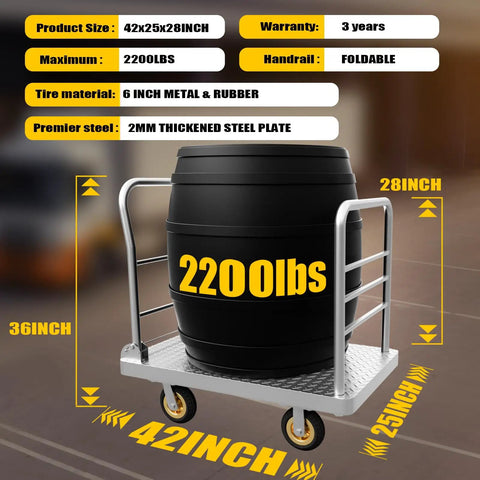 Badass Heavy Duty Platform Truck Cart 42 By 25 Inches with 2200 lbs capacity and foldable handrail, showing a barrel on cart.