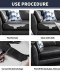 Leather Repair Tape Self Adhesive Patch Kit 3x60 Inches Black For Furniture, Sofa, Car Seats And Office Chairs, Vinyl Repair Tape To Patch Tears And Rips, Easy Cut To Fit demonstration showing the repair process on a sofa.