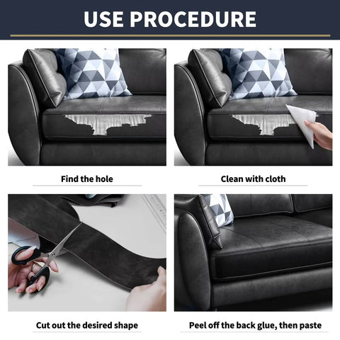 Leather Repair Tape Self Adhesive Patch Kit 3x60 Inches Black For Furniture, Sofa, Car Seats And Office Chairs, Vinyl Repair Tape To Patch Tears And Rips, Easy Cut To Fit demonstration showing the repair process on a sofa.