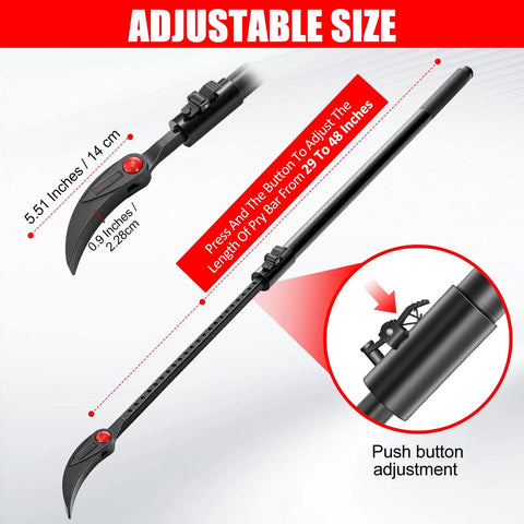 Beefy 29 To 48 Inch Adjustable Pry Bar With 180 Degree Rotating Head, featuring push button adjustment and measurements.