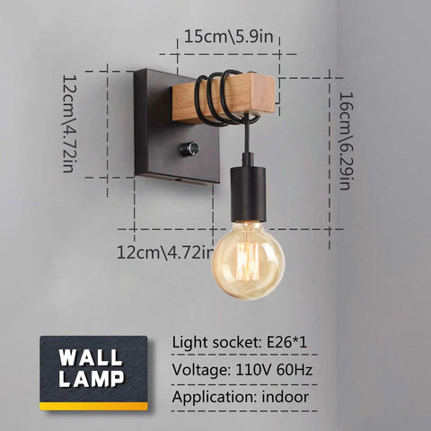 Dimmable Edison Style Black Wall Sconce With On Off Dimmer Switch, 1 Light Industrial Farmhouse Wall Lamp with measurements shown.