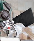 Universal Heavy Duty Tough As Nails Dust Collection Bag For Miter Saw And Table Saw Featuring Steel Reinforced Ash Outlet Fits Like A Glove attached to miter saw.