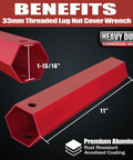 Effortless 33mm Aluminum Lug Nut Covers Remover Tool for Plastic Lug Nuts, red anodized 11 inch socket, heavy duty wrench.