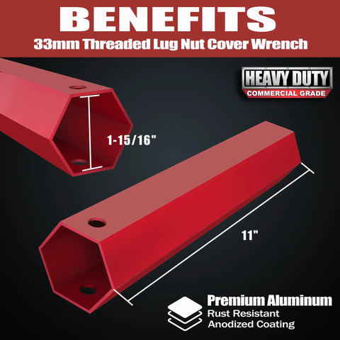 Effortless 33mm Aluminum Lug Nut Covers Remover Tool for Plastic Lug Nuts, red anodized 11 inch socket, heavy duty wrench.
