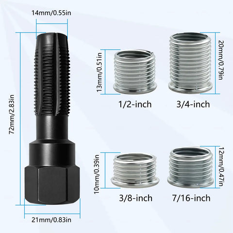 14mm Spark Plug Thread Repair Kit For Cylinder Heads M14 X 1.25 Rethread Tool With Reamer And 4 Thread Inserts Chrome Vanadium Steel