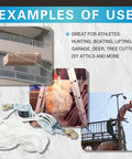 Example uses of Heavy Duty Rope Hoist Kit With 4000 Lb Breaking Strength, 65 Ft Poly Rope, 2 Sling Straps, 2 Ton Wheel Block And Tackle System