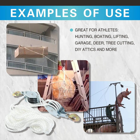 Example uses of Heavy Duty Rope Hoist Kit With 4000 Lb Breaking Strength, 65 Ft Poly Rope, 2 Sling Straps, 2 Ton Wheel Block And Tackle System