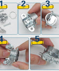 Rock Solid 12 Piece One Half Inch Clamp Cable Connectors No Sweat Zinc Alloy Quick Install assembly steps for wire joiners.