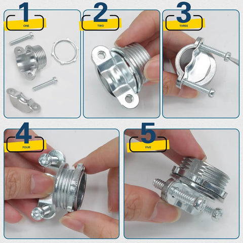 Rock Solid 12 Piece One Half Inch Clamp Cable Connectors No Sweat Zinc Alloy Quick Install assembly steps for wire joiners.