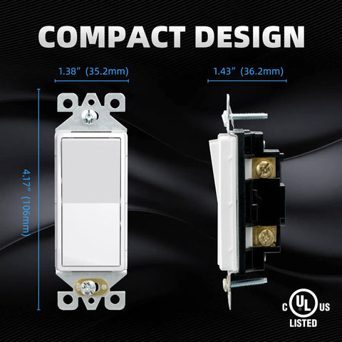 Glossy White Single Pole Decorator Light Switch 15 Amp 120 To 277 Volt Slick Decorative Paddle Rocker Replacement On Off Wall Switch Self Grounding Residential And Commercial Grade 10 Pack UL And CUL, front and side view with measurements.
