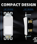 Glossy White Single Pole Decorator Light Switch 15 Amp 120-277V Decorative Paddle Rocker Replacement On Off Wall Switch Self Grounding Residential Commercial Grade UL CUL compact design