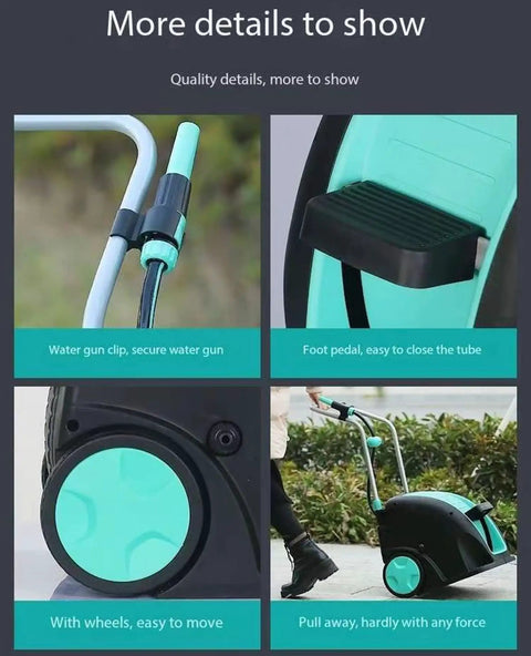 Portable Metal Hose Reel Cart With Smooth Rolling Wheels And Easy Step Operation Garden Hose Organizer detail images showing features.