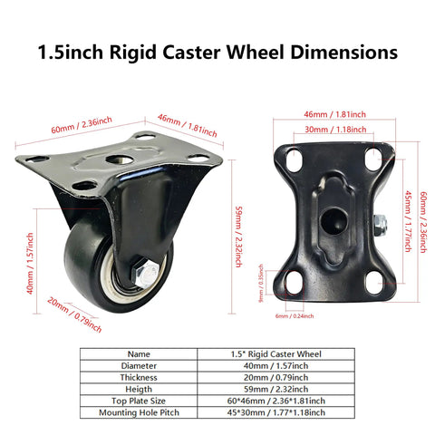Heavy Duty Silent Caster Wheel Set Built Tough For Daily Grind features 1.5-inch rigid caster wheel dimensions with black design.