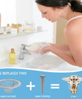 Brushed Nickel 2 In 1 Pop Up Sink Stopper And Strainer For Universal Bathroom Drain Fits 1.1 To 1.5 Inch Pipes Keeps Hair Out Easy Install Leak Proof Drain in use.