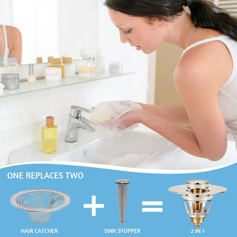 Brushed Nickel 2 In 1 Pop Up Sink Stopper And Strainer For Universal Bathroom Drain Fits 1.1 To 1.5 Inch Pipes Keeps Hair Out Easy Install Leak Proof Drain in use.