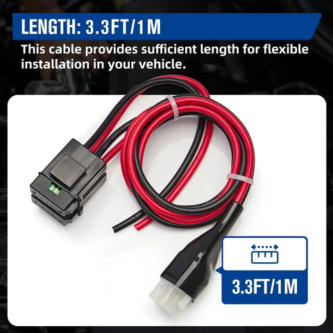 6 Pin 12AWG DC Power Cord with 30A Fuse 1M Short Power Lead for Ham Radios and CB Radios, shown with length and connector details