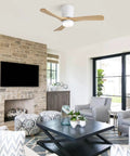 42" Low Profile Ceiling Fan with Light, Matte White Wood Blade Flush Mount Fan, installed in modern living room.