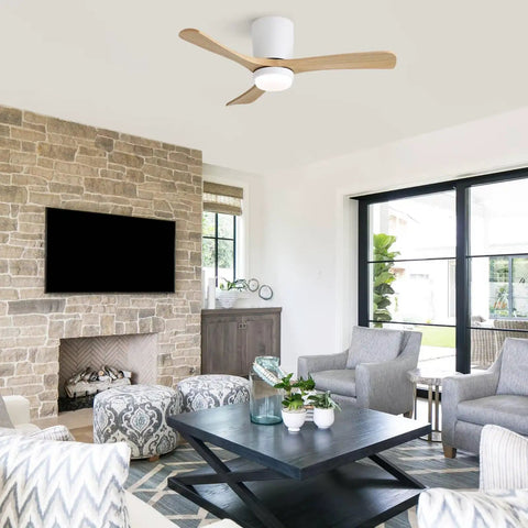 42" Low Profile Ceiling Fan with Light, Matte White Wood Blade Flush Mount Fan, installed in modern living room.