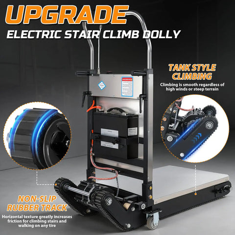 Heavy Duty Electric Stair Climbing Dolly With 900 Lb Capacity And 1250W Motor, showcasing non-slip rubber tracks and adjustable platform.
