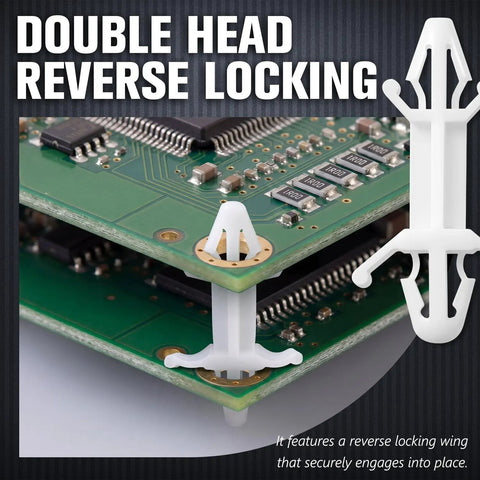 200 Piece Rock Solid Nylon Pcb Standoffs Featuring Double Head Push In Clips For Bulletproof Electronic Insulation And Dead Reliable Motherboard Mounting Brackets Slick Tech Setup Twelve Point Nine Mm with reverse locking wing on PCB.
