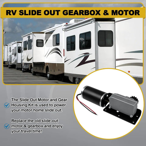 Slide Out Motor And Gearbox Direct Fit Replacement For Accu Slide Cable System with image of motor and gearbox in RV.