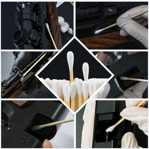 Pro Grade Gun Cleaning Kit With 600 Patches And 600 Swabs Lint Free And Highly Absorbent Cotton 6 Inch Swabs In Use