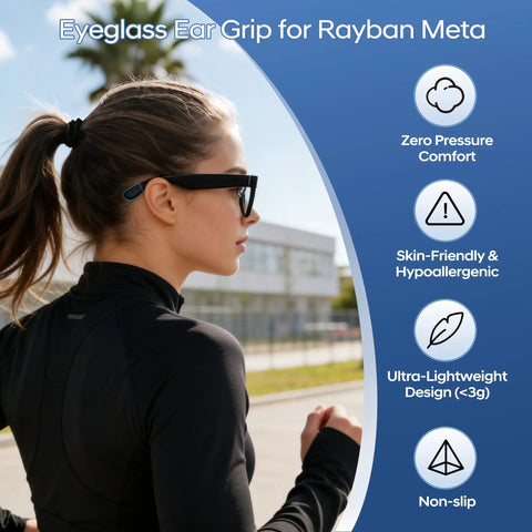Woman wearing Anti Slip Ear Grips For Meta Smart Glasses Gen 2 Wayfarer Skyler And Headliner during outdoor activity.