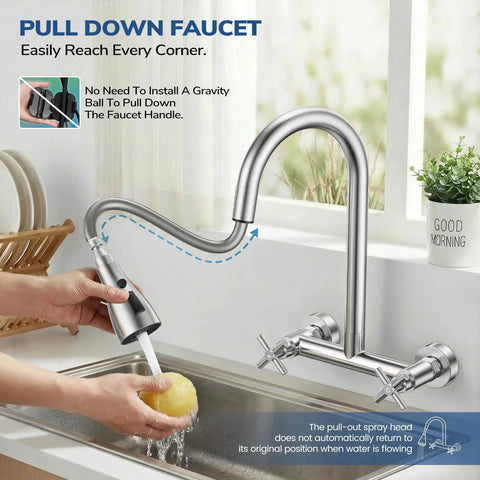 HURRAN Wall Mount Kitchen Faucet with Pull Down Sprayer, Brushed Nickel Kitchen Sink Faucet in use, showcasing 360-degree flexibility.