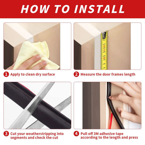 Step-by-step installation guide for 40 Feet Rubber Weather Stripping Door Seal Strip Self Adhesive D Shape Door Weather Stripping.
