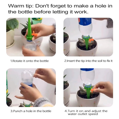 Steps to use 16 Pack Self Watering Plant Spikes Kit With Adjustable Drip Valve in potted plant setup.