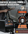 Person using Beefy 3500W 4200A Stud Welder Dent Repair Kit on a car door with control panel and current settings visible.