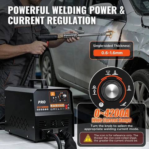 Person using Beefy 3500W 4200A Stud Welder Dent Repair Kit on a car door with control panel and current settings visible.