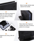 Top Shelf Heavy Duty 90 Degree Glass Door Hinges Engineered For 8 To 12Millimeter Frameless Shower Doors Rustproof Stainless Steel Bathroom Clips showing black stainless steel hinge with screws.