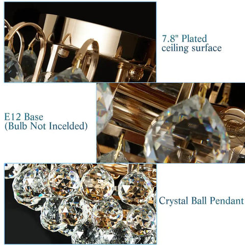 Close-up of Three Light Modern Crystal Ceiling Light Fixture Flush Mount Round Golden Chandelier details and crystal ball pendant
