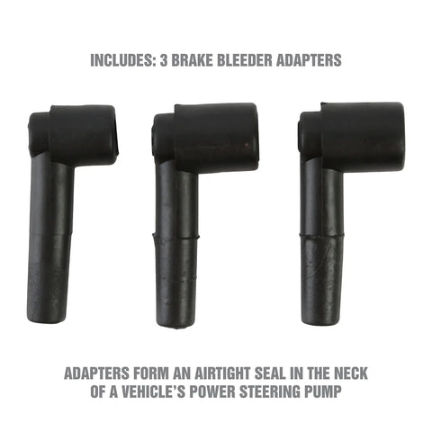 Power Steering And Brake Bleeder Kit For Air Removal After Fluid Changes Vacuum Adapter Kit For Reservoir Bleeding Works With Most Pumps And Systems For Fast Setup And Consistent Bleed Performance includes three brake bleeder adapters.