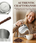 Woman using Two Size Turkish Coffee Pot And Milk Warmer Set In 13.5 Oz And 20 Oz, 18 By 8 Stainless Steel With Wooden Handle