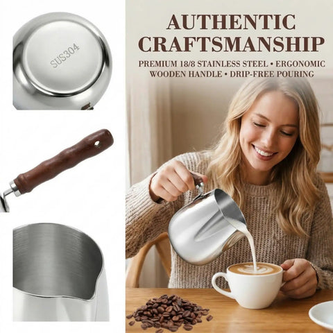 Woman using Two Size Turkish Coffee Pot And Milk Warmer Set In 13.5 Oz And 20 Oz, 18 By 8 Stainless Steel With Wooden Handle