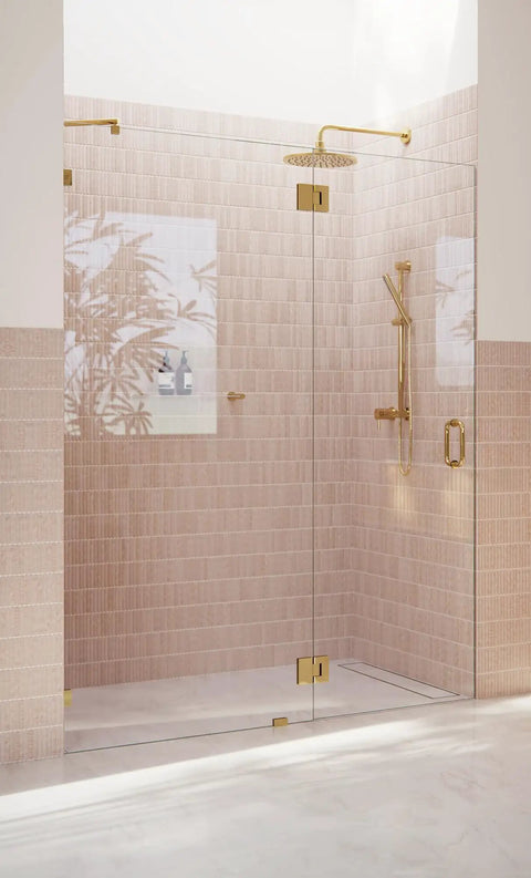 Frameless Shower Door Hinge With Enduroshield Glass Coating, 78" x 55.5" Polished Brass Finish, Built Tough For Modern Bathrooms And Glass Enclosures That Last. Polished brass hinge on frameless glass shower door