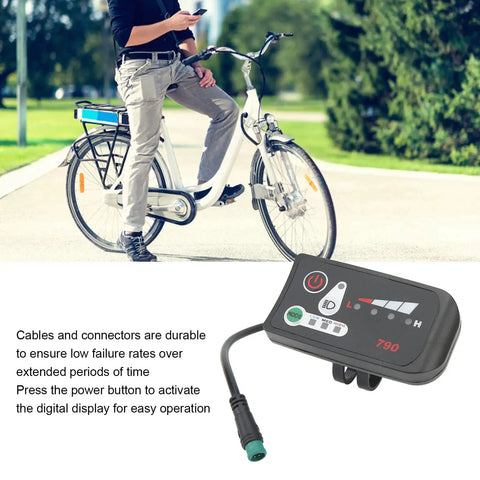 LED Display Panel For Electric Bikes And Scooters 24V 36V 48V ABS Durable Handlebar Mount Data Meter beside a parked bicycle