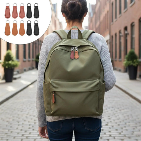 Woman with backpack featuring 10 Pack PU Leather Zipper Pulls Set Detachable Decorative Zipper Tabs for Luggage Backpacks