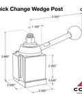 Diagram of AXA Machinist Core Quick Change Wedge Tool Post Set with dimensions for lathes up to 12 inch swing.