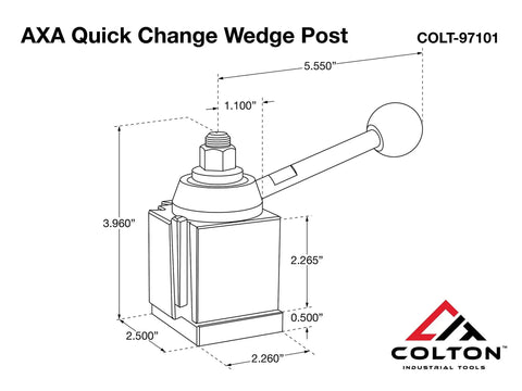 Diagram of AXA Machinist Core Quick Change Wedge Tool Post Set with dimensions for lathes up to 12 inch swing.
